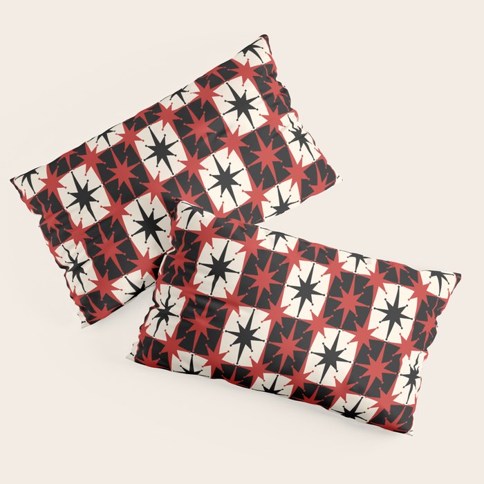 Mid Century Modern Atomic Stars Retro Checkered Starburst Pattern Black Cream Red Pillow Sham Gallery Image 4