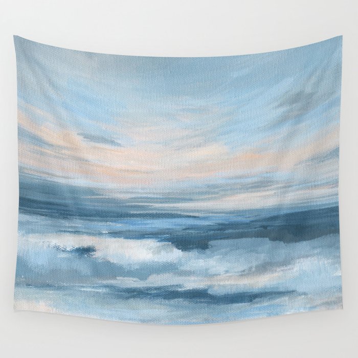Low Tide - Blue & Coral Abstract Coastal Seascape Wall Tapestry Gallery Image 3