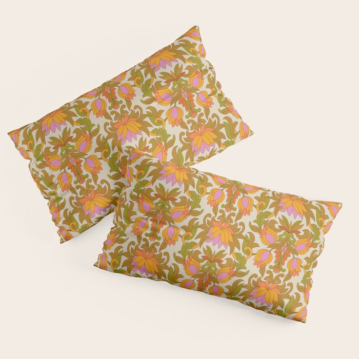 Orange, Pink Flowers and Green Leaves 1960s Retro Vintage Pattern Pillow Sham Gallery Image 4