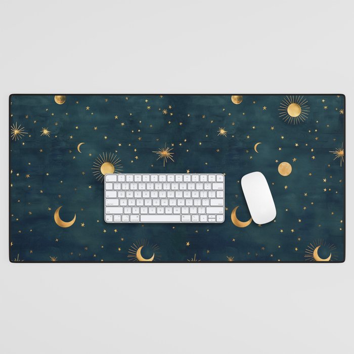 Golden Sun Moon and Stars Radiating the Universes Light Within You Desk Mat Gallery Image 1