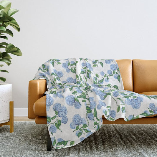 Hydrangea blue flowers, botanicals, blue and white floral Throw Blanket Gallery Image 2