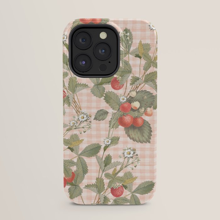 Vintage wild strawberries on cottage pink gingham pattern iPhone Case Gallery Image 31