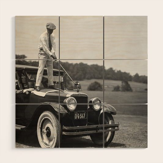 Golfer Teeing Off on Top of Car, Black and White, Old Photo, Vintage Golf Art Wood Wall Art Gallery Image 2