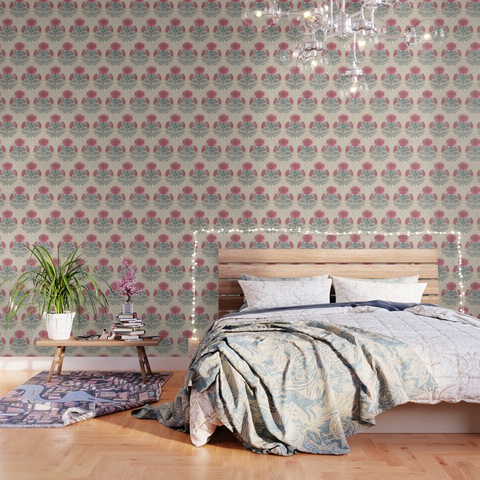 Marigold - pink and teal on linen Wallpaper Gallery Image 1