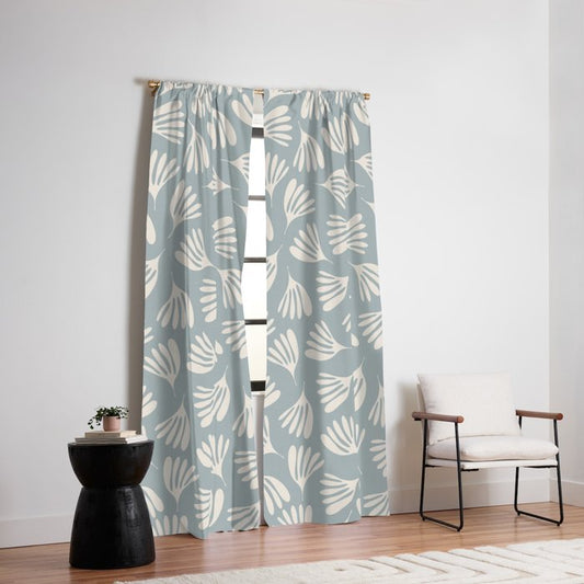 Wispy Leaves Contemporary Abstract Pattern in Light Blue-Gray and Cream Window Curtain Gallery Image 2