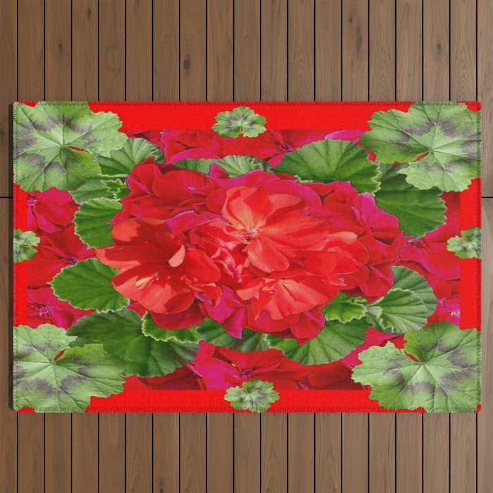 Decorative Red Flower Geraniums Green Leaves Abstract Outdoor Rug Gallery Image 2