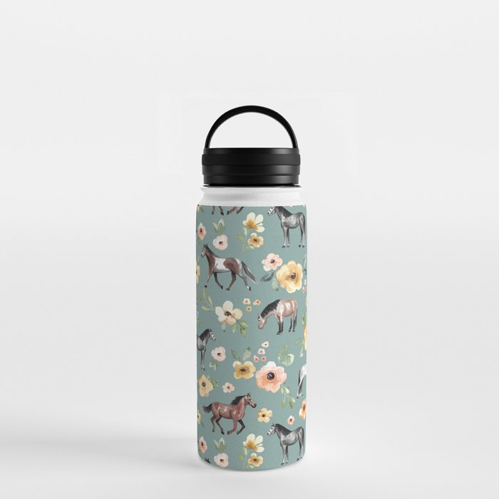 Horses and Sunrise Blue Floral, Horse Love, Wild Horses, Yellow and Pink Flowers Water Bottle Gallery Image 3