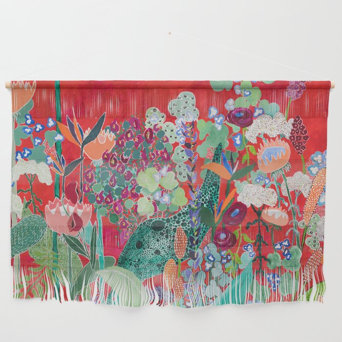 Red floral Jungle Garden Botanical featuring Proteas, Reeds, Eucalyptus, Ferns and Birds of Paradise Wall Hanging Gallery Image 2