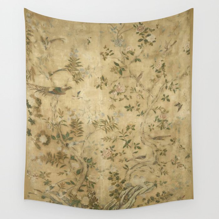 Antique 18th Century Chinoiserie Golden Garden Fresco 1740 Wall Tapestry Gallery Image 2