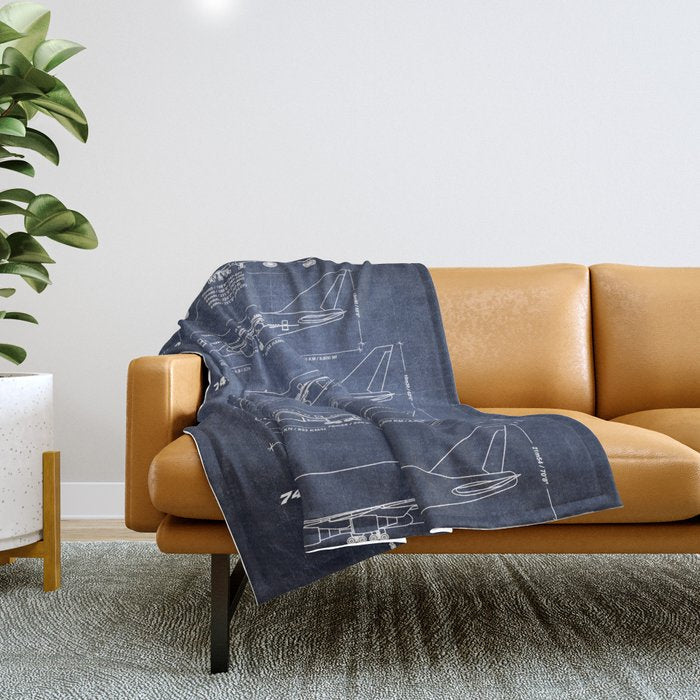 Boeing 747 Family Blueprint in High Resolution (dark blue) Throw Blanket Gallery Image 1