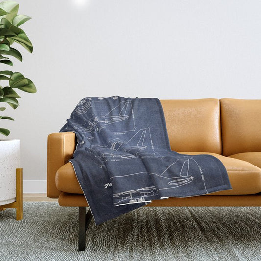 Boeing 747 Family Blueprint in High Resolution (dark blue) Throw Blanket Gallery Image 1