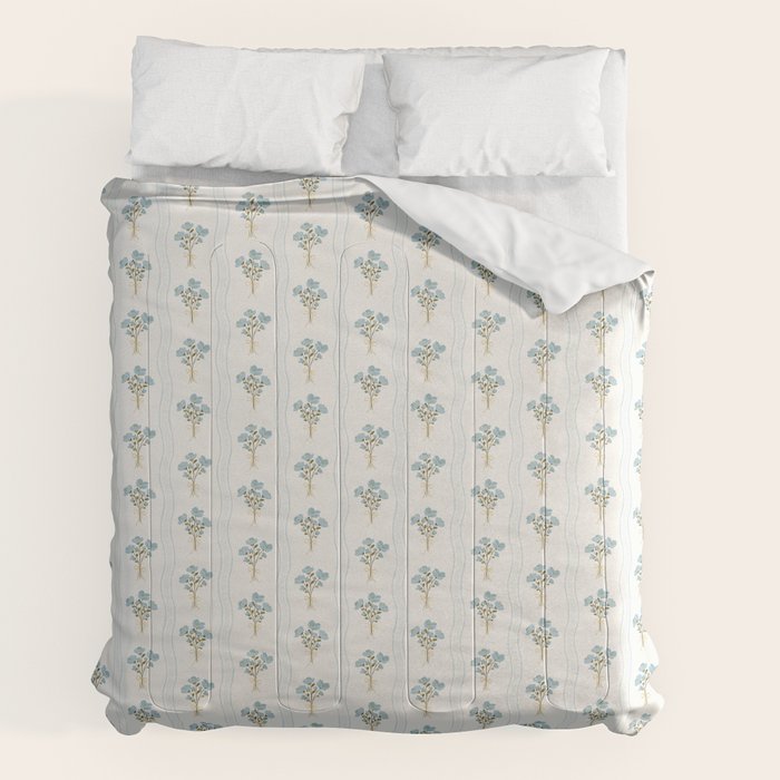 Delicate floral bouquets with vertical stripes - light blue peacock and moss green flowers pattern Comforter Gallery Image 2