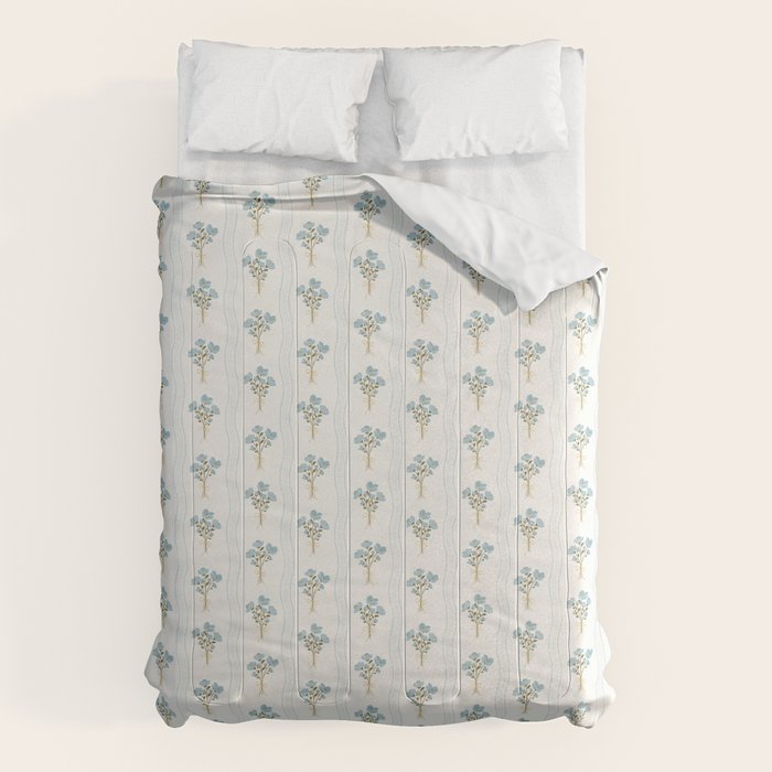 Delicate floral bouquets with vertical stripes - light blue peacock and moss green flowers pattern Comforter Gallery Image 1