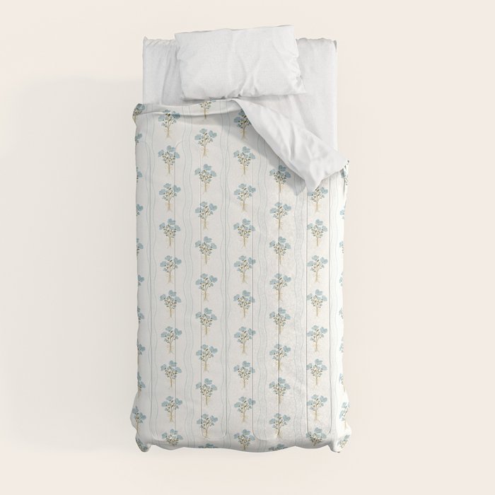 Delicate floral bouquets with vertical stripes - light blue peacock and moss green flowers pattern Comforter Gallery Image 9
