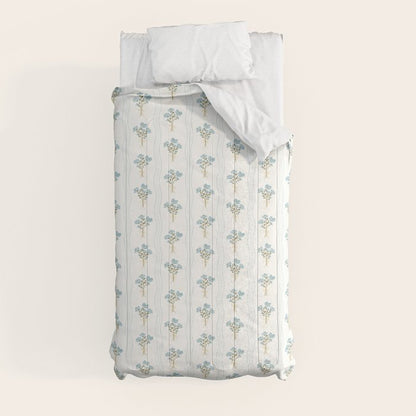 Delicate floral bouquets with vertical stripes - light blue peacock and moss green flowers pattern Comforter Gallery Image 9