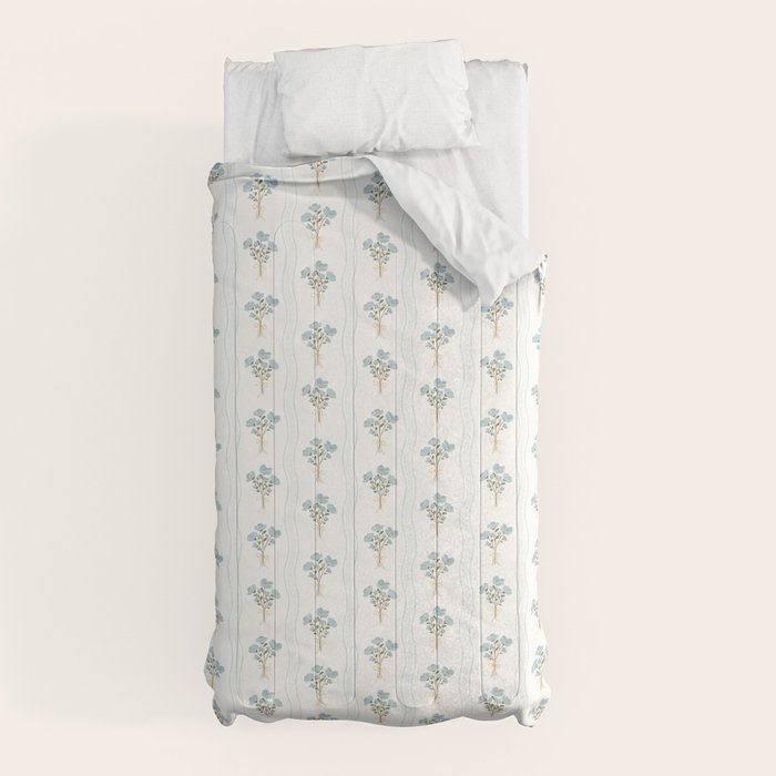Delicate floral bouquets with vertical stripes - light blue peacock and moss green flowers pattern Comforter Gallery Image 5
