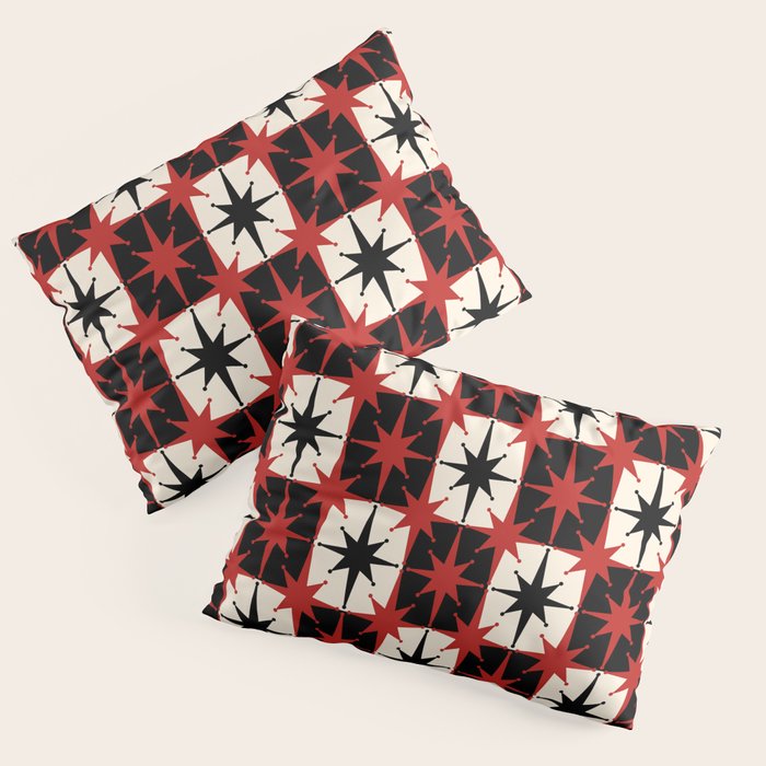 Mid Century Modern Atomic Stars Retro Checkered Starburst Pattern Black Cream Red Pillow Sham Gallery Image 1