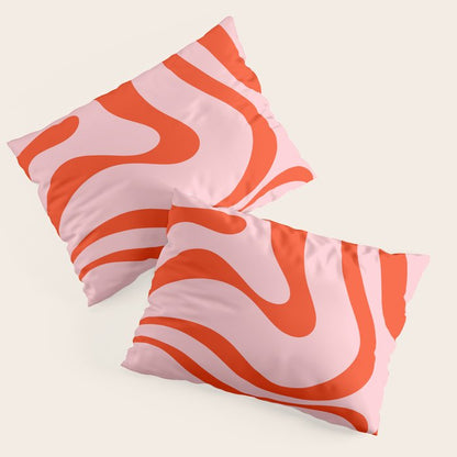 Modern Retro Liquid Swirl Abstract Pattern in Light Pink and Red Orange Pillow Sham Gallery Image 3