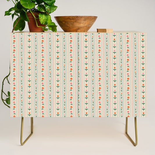 Vintage colorful flower stripe art pattern Credenza Gallery Image 1
