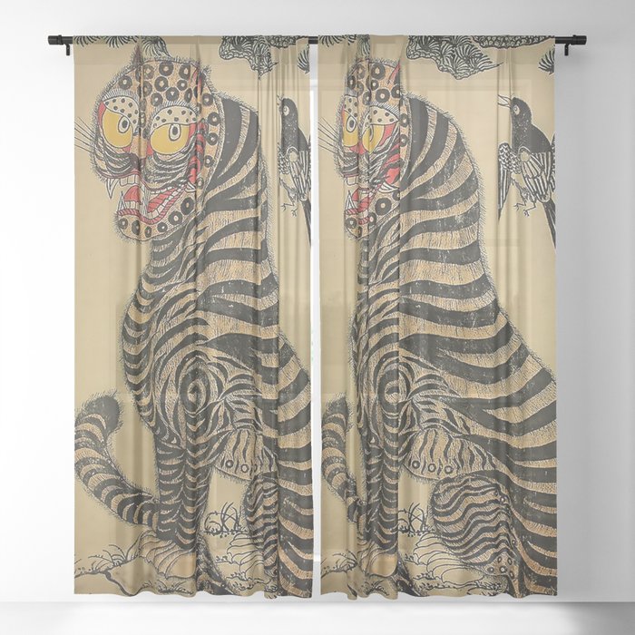 Striped Vintage Minhwa Tiger and Magpie Window Curtain Gallery Image 17