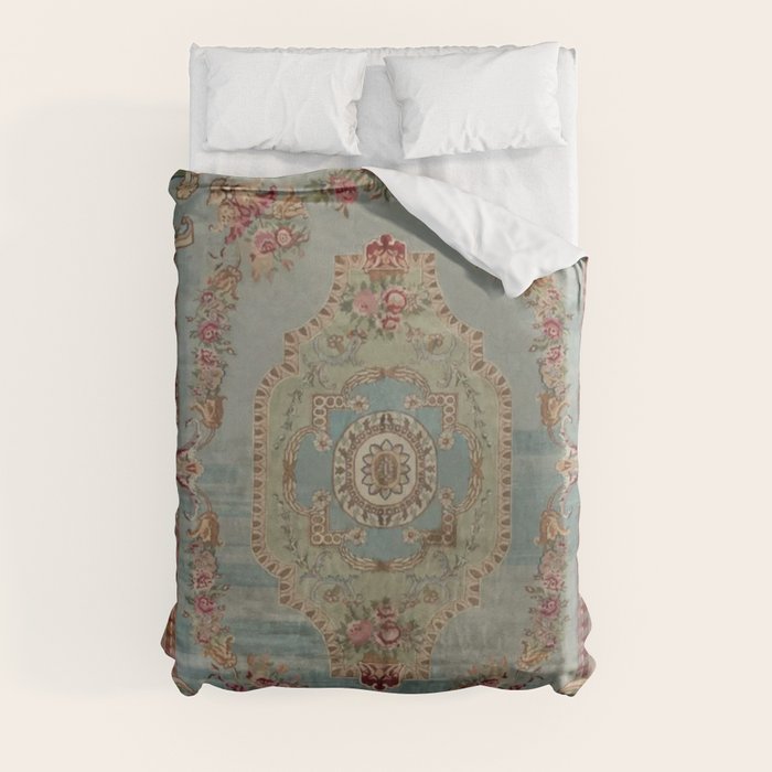 Antique French Rose Blue Aubusson Duvet Cover Gallery Image 3