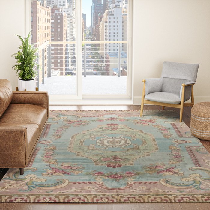 Antique French Rose Blue Aubusson Rug Gallery Image 4