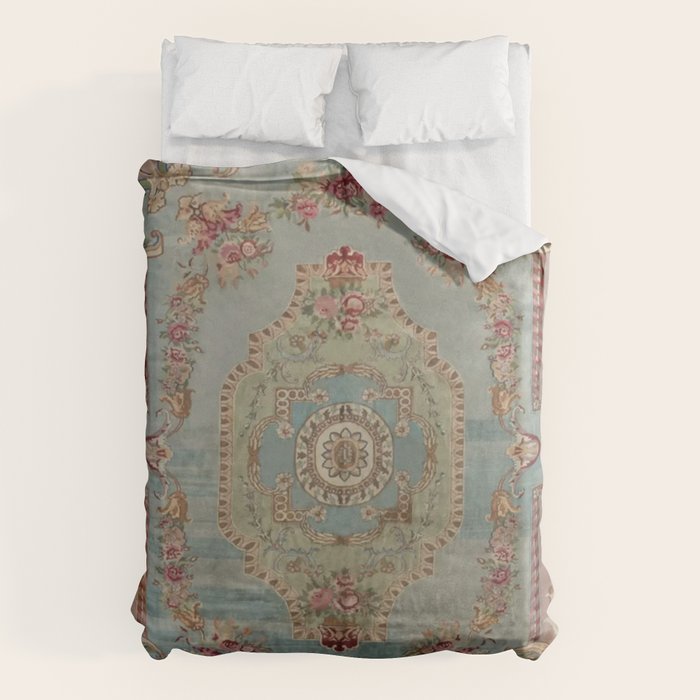 Antique French Rose Blue Aubusson Duvet Cover Gallery Image 1