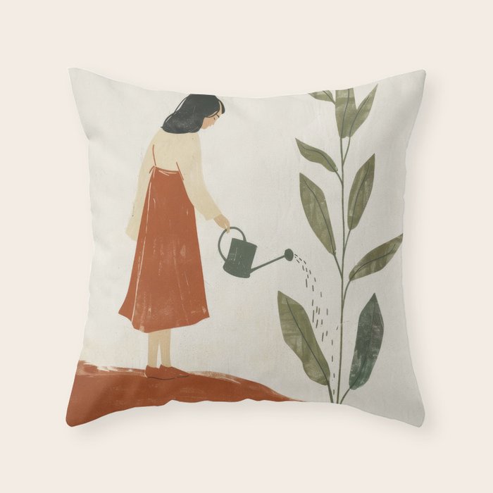 Still Life with Girl and Growing Plant Throw Pillow Gallery Image 1