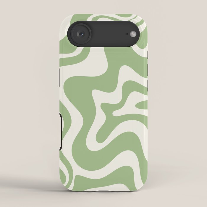 Retro Liquid Swirl Abstract Pattern in Light Sage Green and Cream iPhone Case Gallery Image 2