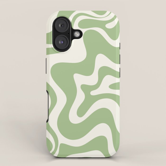 Retro Liquid Swirl Abstract Pattern in Light Sage Green and Cream iPhone Case Gallery Image 1