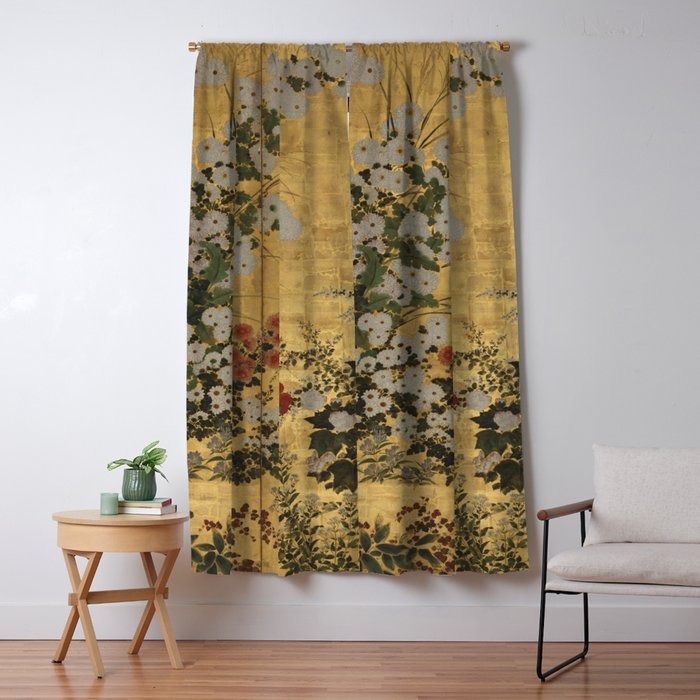 Red White Chrysanthemums Vintage Floral Japanese Gold Leaf Screen Window Curtain Gallery Image 5