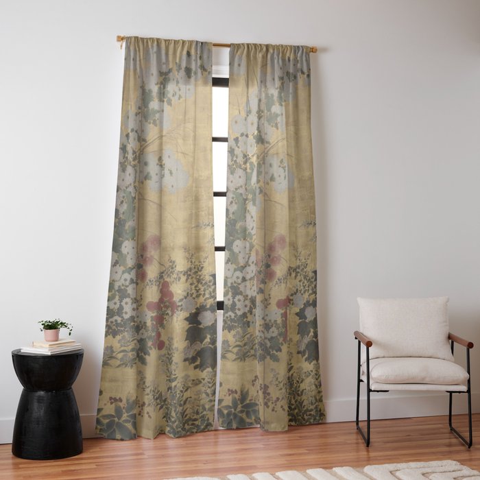 Red White Chrysanthemums Vintage Floral Japanese Gold Leaf Screen Window Curtain Gallery Image 10