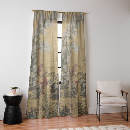 Red White Chrysanthemums Vintage Floral Japanese Gold Leaf Screen Window Curtain Gallery Image 10