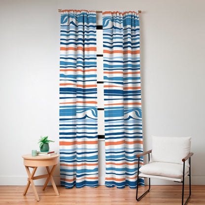 Modern Abstract Ocean Wave Stripes in Classic Blues and Orange Window Curtain Gallery Image 4