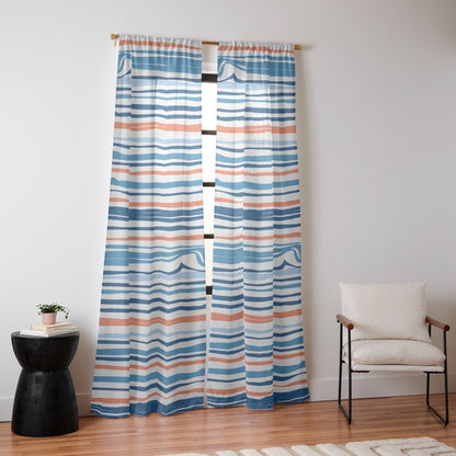 Modern Abstract Ocean Wave Stripes in Classic Blues and Orange Window Curtain Gallery Image 14
