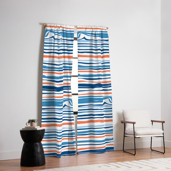 Modern Abstract Ocean Wave Stripes in Classic Blues and Orange Window Curtain Gallery Image 6