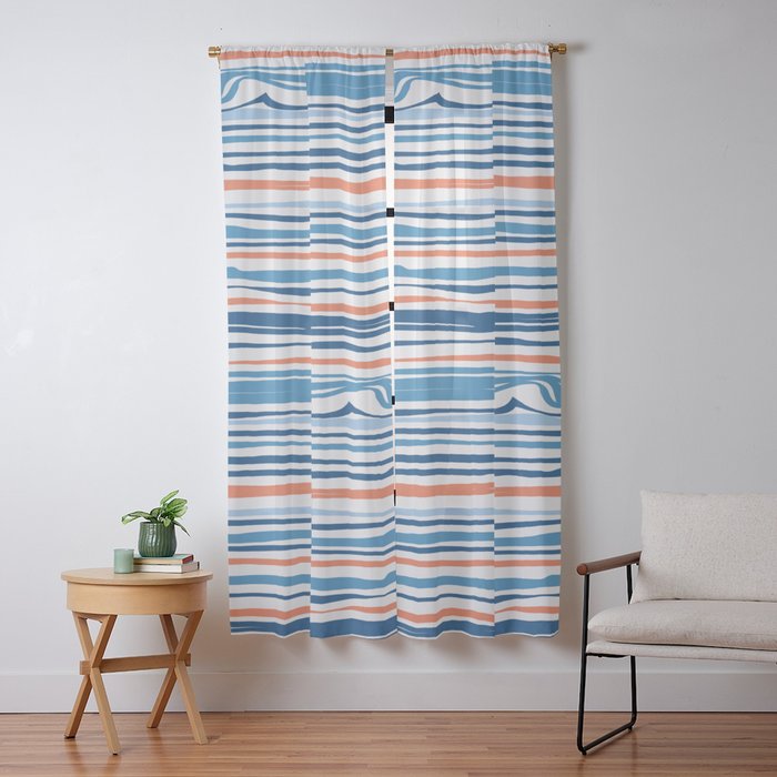 Modern Abstract Ocean Wave Stripes in Classic Blues and Orange Window Curtain Gallery Image 9
