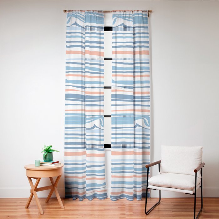 Modern Abstract Ocean Wave Stripes in Classic Blues and Orange Window Curtain Gallery Image 20