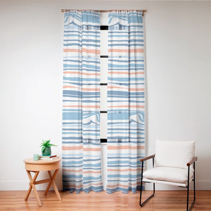 Modern Abstract Ocean Wave Stripes in Classic Blues and Orange Window Curtain Gallery Image 20