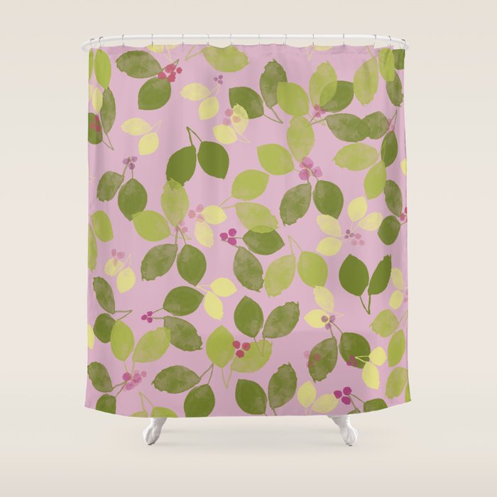 Summer Leaves and Berries on Pink Shower Curtain Gallery Image 1
