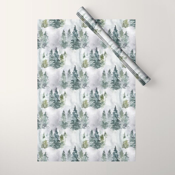 Watercolor forest green snow Christmas pine tree Wrapping Paper Gallery Image 1