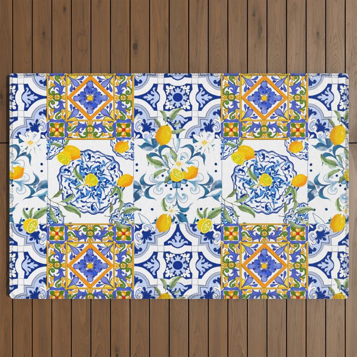 Summer, citrus ,Mediterranean style ,flowers,lemon fruit pattern Outdoor Rug Gallery Image 2