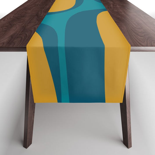Retro Groove Mustard Teal - Minimalist Mid Century Abstract Pattern Table Runner Gallery Image 1