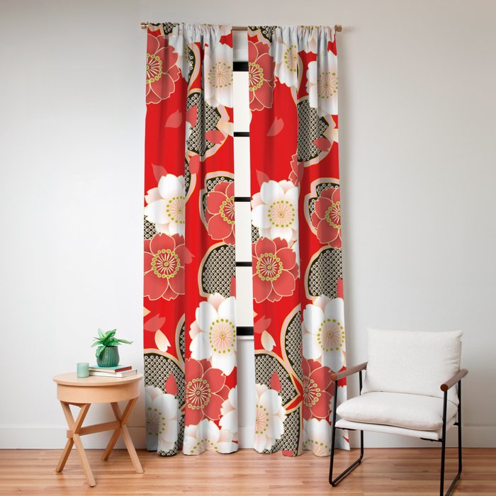 Japanese Vintage Red Black White Floral Kimono Pattern Window Curtain Gallery Image 4