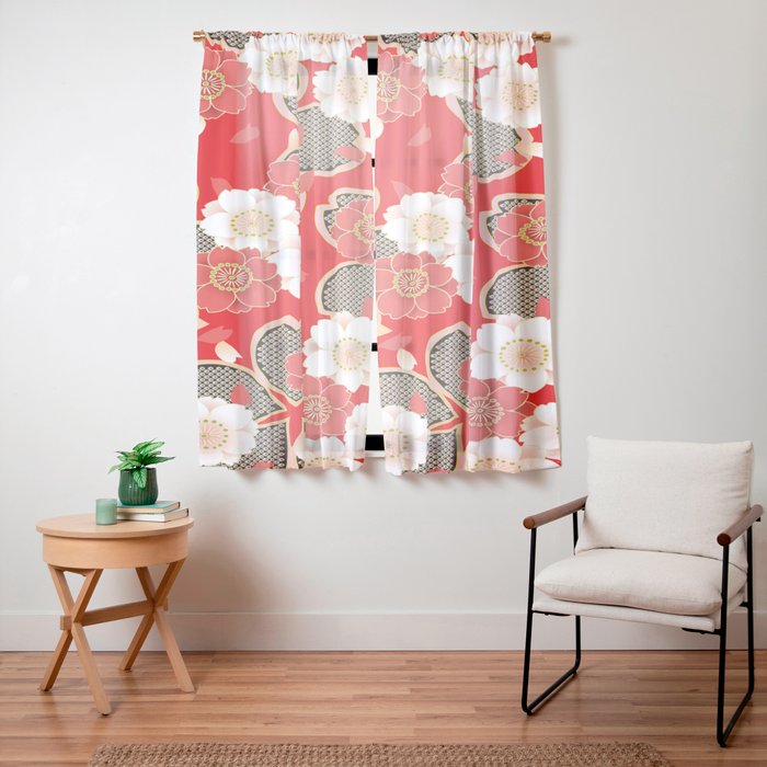 Japanese Vintage Red Black White Floral Kimono Pattern Window Curtain Gallery Image 11
