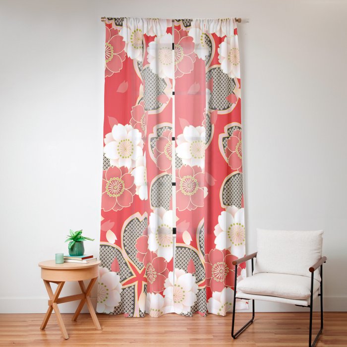 Japanese Vintage Red Black White Floral Kimono Pattern Window Curtain Gallery Image 16