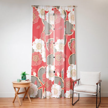 Japanese Vintage Red Black White Floral Kimono Pattern Window Curtain Gallery Image 16