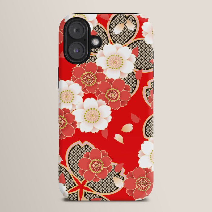 Japanese Vintage Red Black White Floral Kimono Pattern iPhone Case Gallery Image 14