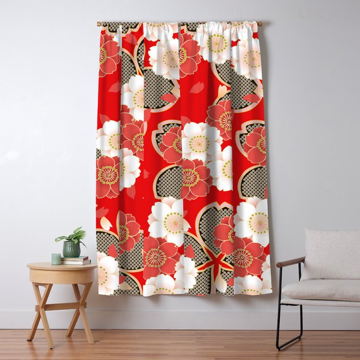 Japanese Vintage Red Black White Floral Kimono Pattern Window Curtain Gallery Image 5