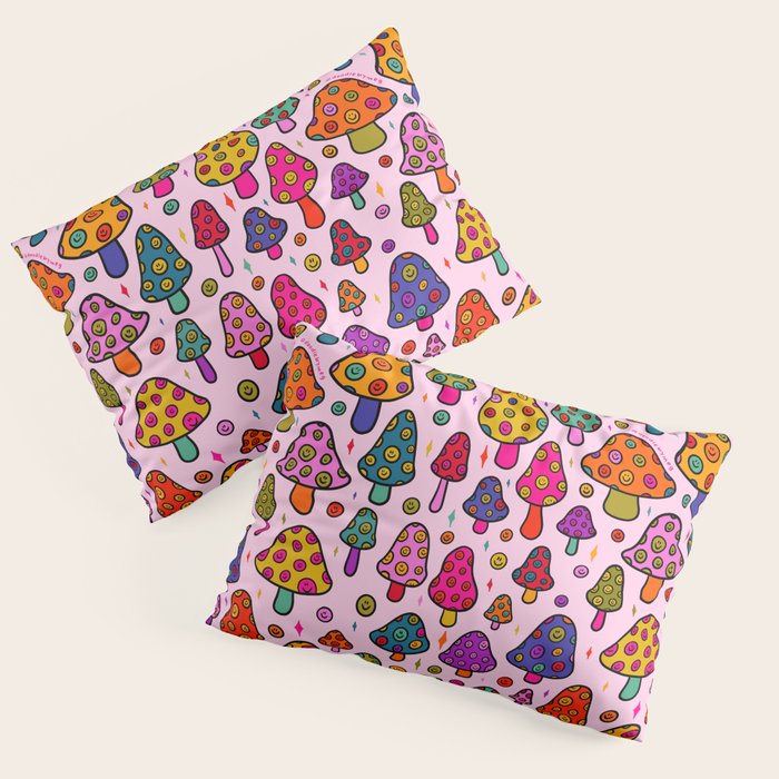 Smiley Mushrooms Print in Pink Pillow Sham Gallery Image 3